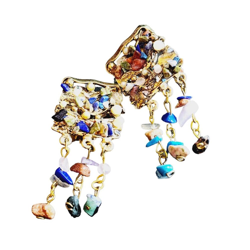 Unique Vintage Semi-Precious Stone Chip Dangle Earrings (A1726)